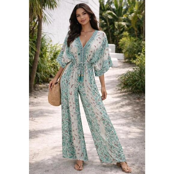 Pants - NWT Rhea Rubi Jumpsuit Boho Wide Leg Tassel Tie Waist Floral Green